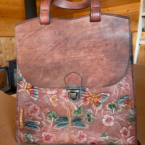 NWOT Brown Embossed Leather Backpack - Picture 1 of 11